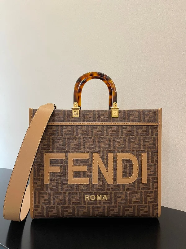 Ladies Fendi shoulder bags with a magnetic - closure flap for easy opening and closingFendi Sunshine Medium Brown FF jacquard fabric shopper Bag