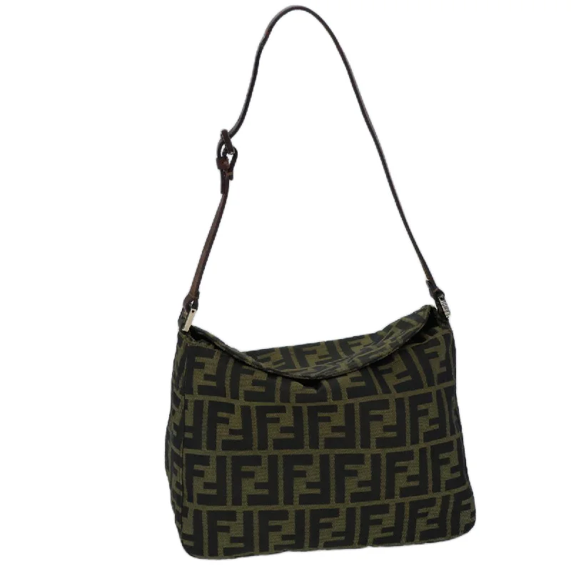 Fendi bags with a front - flap pocket and a turnlock for a classic and elegant aestheticFENDI Zucca Canvas Shoulder Bag Brown Black  bs13717