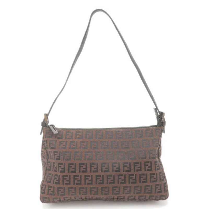 Fendi tote bags with a hand - painted FF pattern for an artisanal and one - of - a - kind touchFENDI Zucchino Canvas Leather Shoulder Bag Black Brown 8BR156