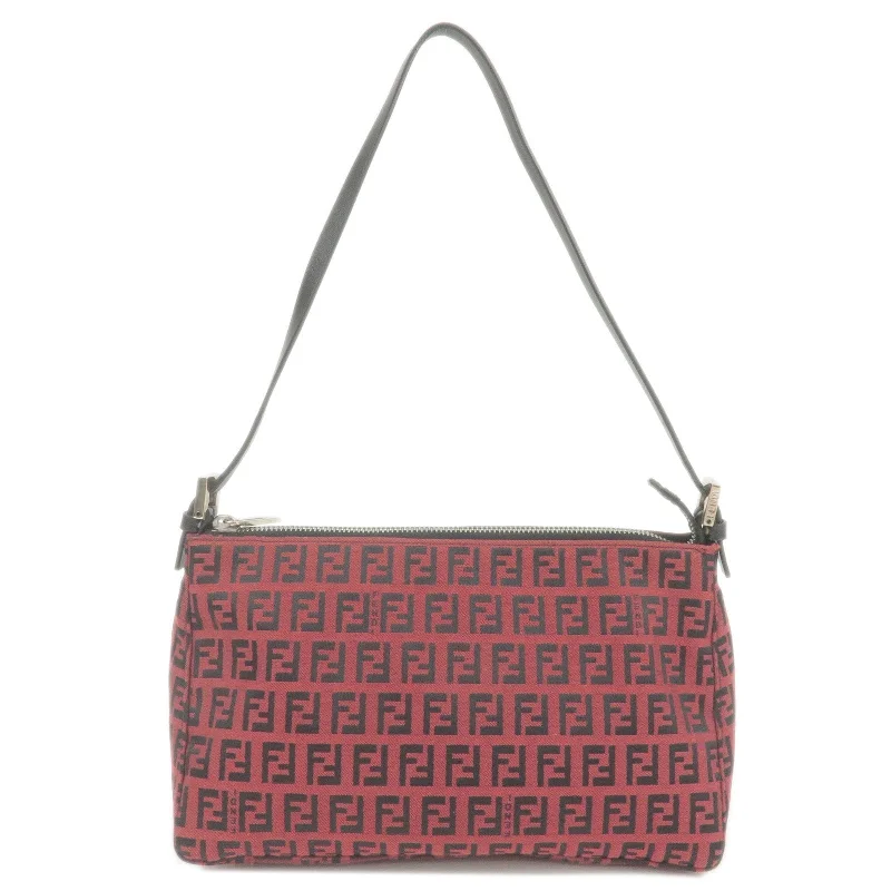 Ladies Fendi Sunshine Shopper bags in a pastel shade like mint for a soft and delicate appearanceFENDI Zucchino Canvas Leather Pouch Hand Bag Red Black 8BR156