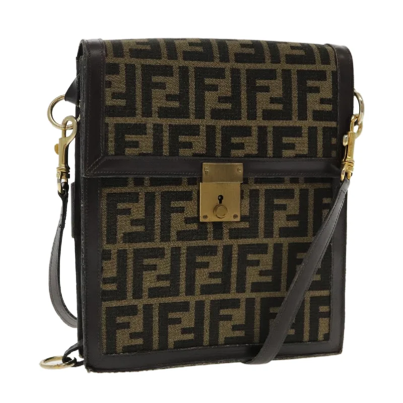 Fendi handbags with a metal - framed clasp for durability and a stylish lookFENDI Zucca Canvas Shoulder Bag Brown Black Gold  94107