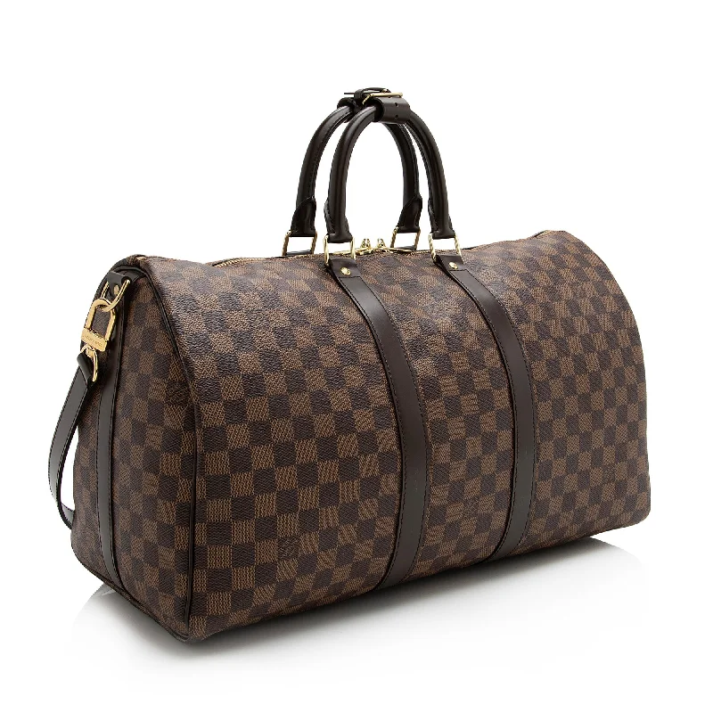 Louis Vuitton handbags with a back - zip pocket for storing valuablesLouis Vuitton Damier Ebene Keepall Bandouliere 45 Duffel Bag (22790)