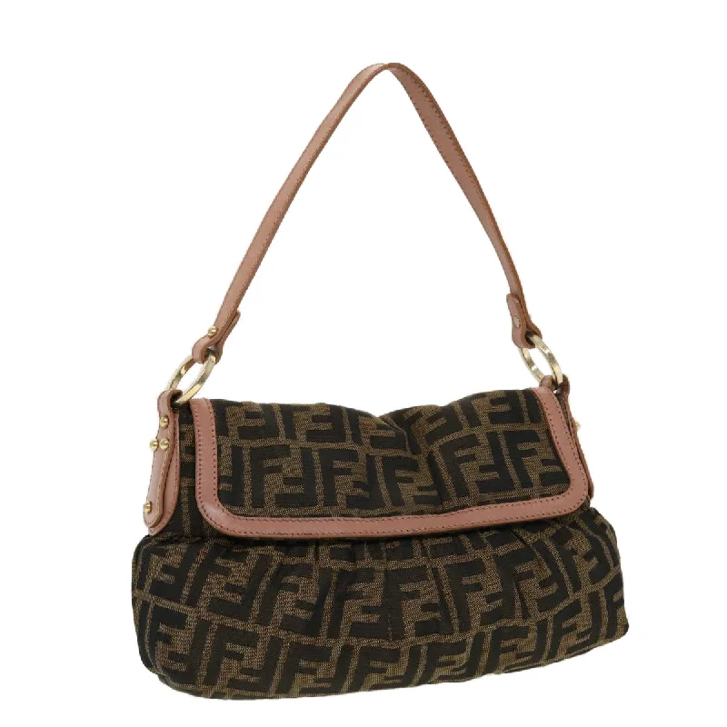 Fendi Baguette bags with a detachable charm featuring the brand's mascotFENDI Zucca Canvas Shoulder Bag Nylon Brown Black pink  43767