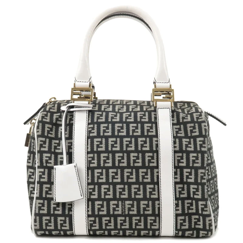 Ladies Fendi Peekaboo bags with a front - pocket organizer for quick access to essentialsFENDI Zucchino Canvas Leather Boston Bag Black White 8BL068