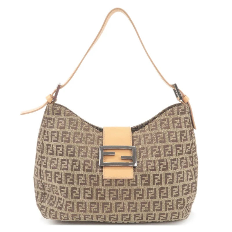 Fendi crossbody bags with a keychain holder for practicality and easy access to keysFENDI Zucchino Canvas Leather Shoulder Bag Beige Brown 8BR036