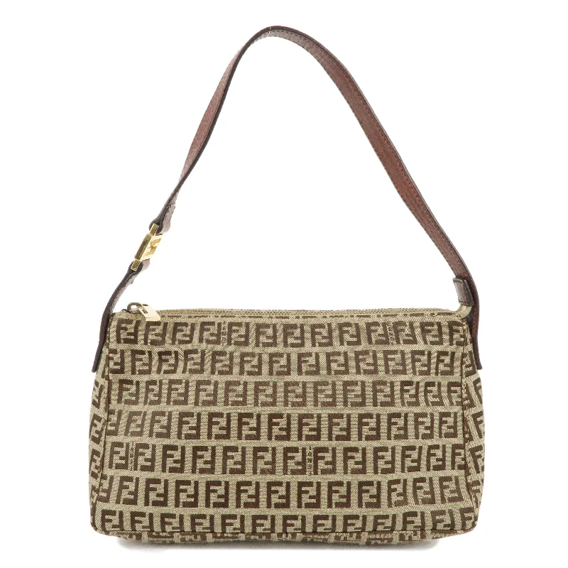 Fendi bags with a detachable mobile phone holder for on - the - go connectivityFENDI Zucchino Canvas Leather One Shoulder Bag Beige Brown 8BR444