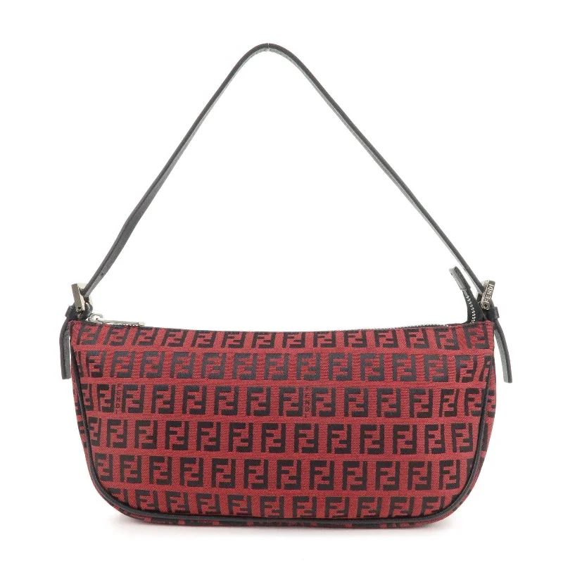 Fendi handbags with a holographic FF logo for a futuristic and trendy lookFENDI Zucchino Canvas Leather Shoulder Bag Red Black 8BR144