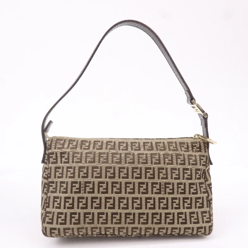 Fendi tote bags with a thermal - insulated pocket for keeping drinks hot or coldFENDI Zucchino Canvas Leather Shoulder Bag Beige Brown 8BR444