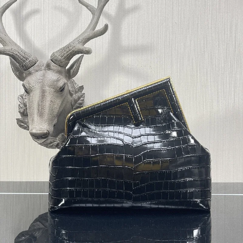 Fendi handbags with a biodegradable leather alternative for an eco - conscious choiceFendi Fendirst Medium Black Crocodile Bag For Woman 32.5cm/13in