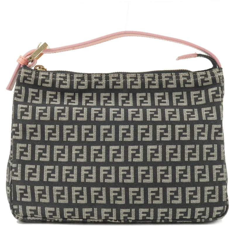 Ladies Fendi Peekaboo bags with a hand - carved leather detail for a unique and artisanal touchFENDI Zucchino Canvas Leather Hand Bag Black Gray Pink 8N0005