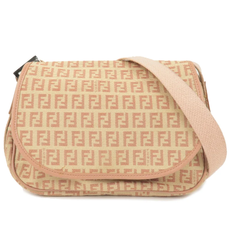 Fendi By The Way bags with a leather - wrapped drawstring for a luxurious and tactile feelFENDI Zucchino Canvas Leather Shoulder Bag Beige Pink 8BR320