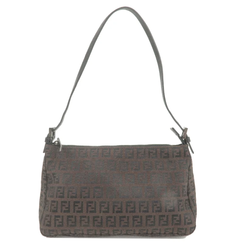 Fendi handbags with a metallic - finish FF logo for a bold and glamorous lookFENDI Zucchino Canvas Leather Shoulder Bag Brown Black 8BR156