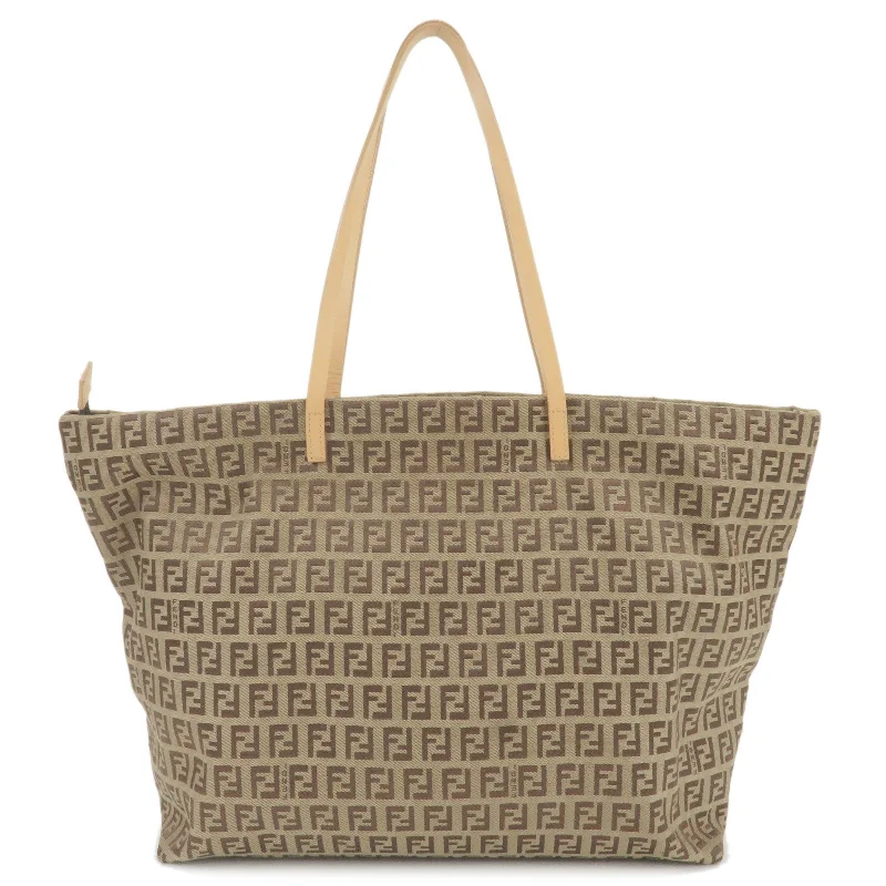 Fendi bags with a touch - screen - friendly pocket for using devices without taking them outFENDI Zucchino Canvas Leather Tote Bag Beige Brown 8BH005