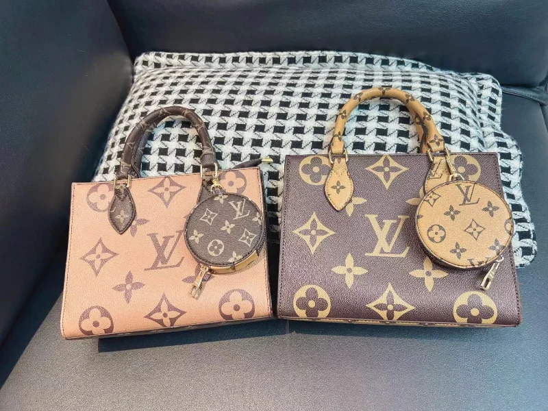 Louis Vuitton tote bags with a printed LV logo on the front for brand visibilityLouis Vuitton OnTheGo Handbag