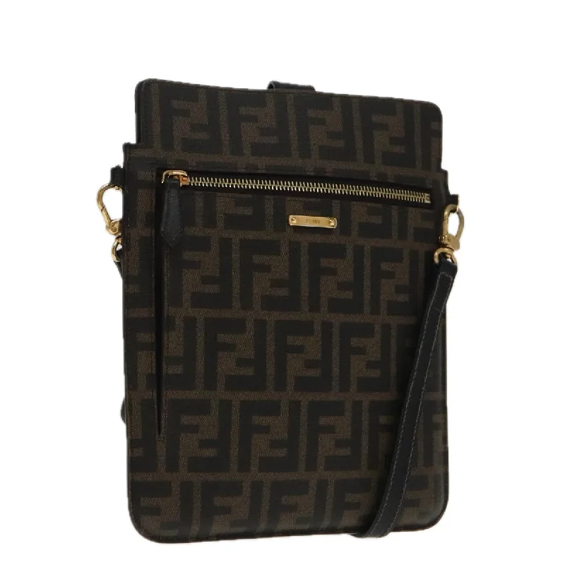 Fendi handbags with a metallic - finish FF logo for a bold and glamorous lookFENDI Zucca Canvas Shoulder Bag Black Brown gold  94296