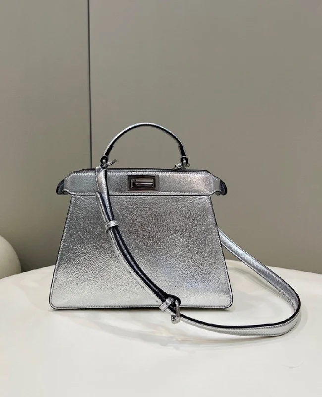 Fendi bags with a detachable mirror inside for quick touch - ups and groomingFendi Peekaboo Small Silver Bag For Woman 27cm/11in