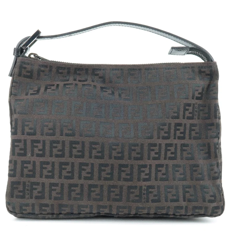 Fendi bags with a zip - top closure and a front - pocket for quick access to keys and cardsFENDI Zucchino Canvas Leather Hand Bag Pouch Dark Brown 8N0005