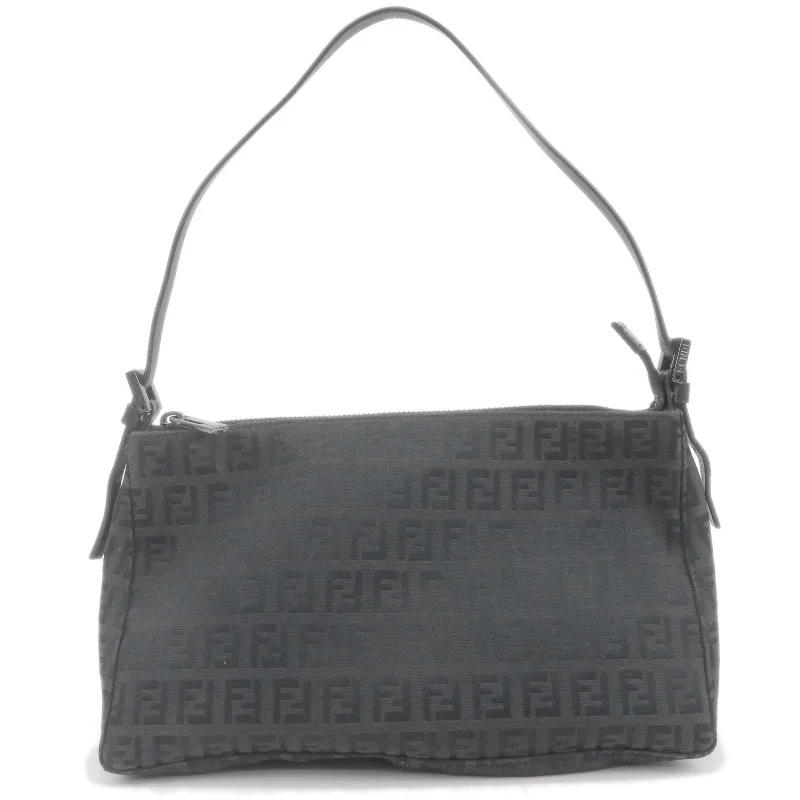 Fendi bags with a chain - link trim and a leather body for a modern and edgy lookFENDI Zucchino Canvas Leather Shoulder Bag Black 8BR156