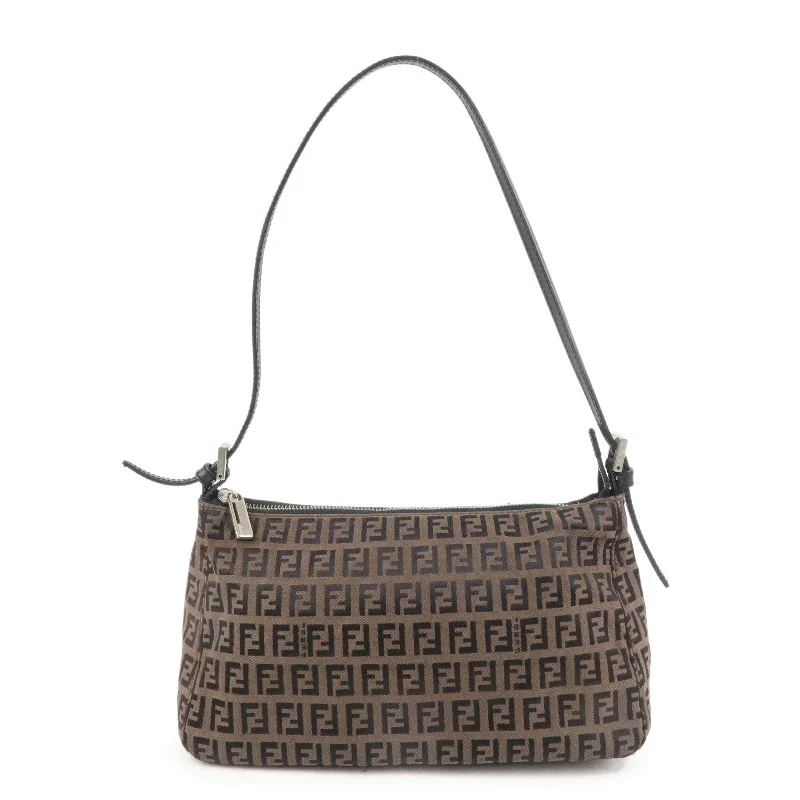 Fendi crossbody bags with a woven leather strap for a unique texture and visual appealFENDI Zucchino Canvas Leather Pouch Hand Bag Brown 8BR156