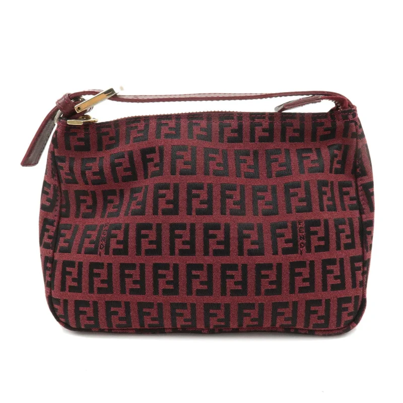 Fendi handbags with a perforated leather detail for a breathable and unique designFENDI Zucchino Canvas Leather Pouch Hand Bag Red Black 8N0001