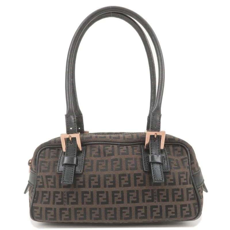 Fendi Baguette bags with a hand - embroidered floral design for a romantic and elegant touchFENDI Zucchino Canvas Leather Small Hand Bag Brown Black 8BN004