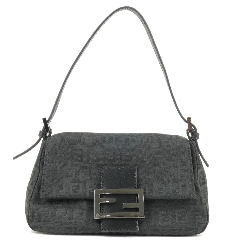 Fendi By The Way bags with a large capacity and a drawstring closureFENDI Zucchino Canvas Leather Mamma Bucket Hand Bag Black 8BR180