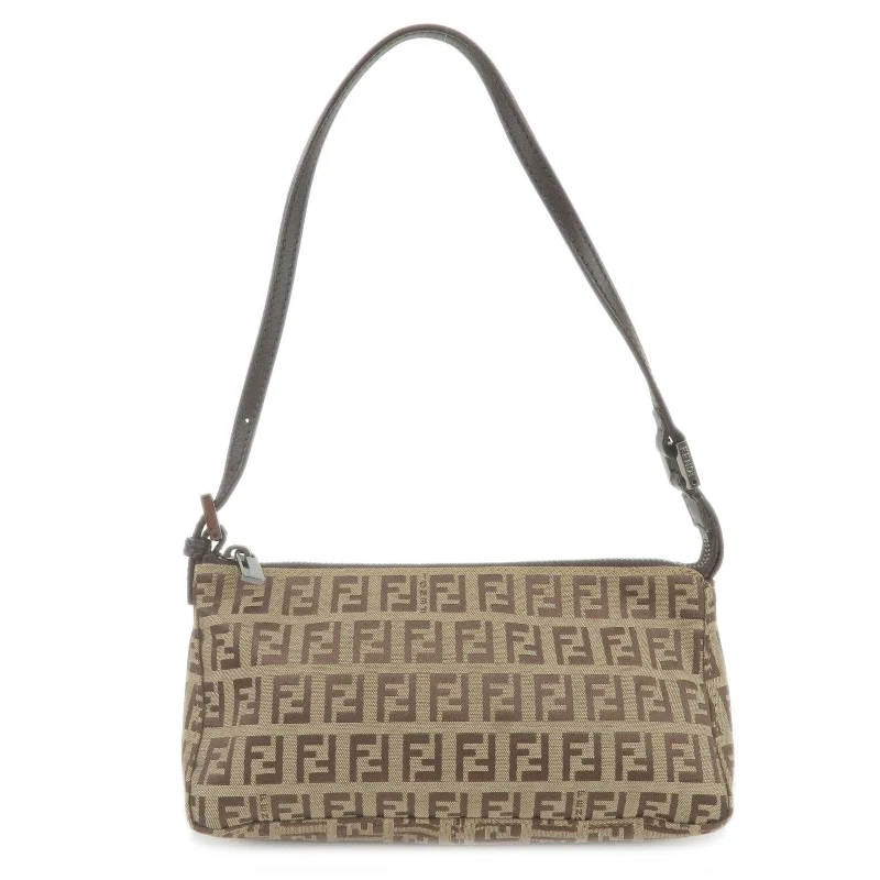 Fendi handbags with a metal - framed clasp for durability and a stylish lookFENDI Zucchino Canvas Leather Shoulder Bag Beige Brown 8BR249