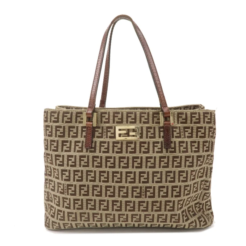 Small - sized Fendi crossbody bags in smooth calfskin leather for a compact and stylish carryFENDI Zucchino Canvas Leather Mini Tote Bag Beige Brown 8BH132