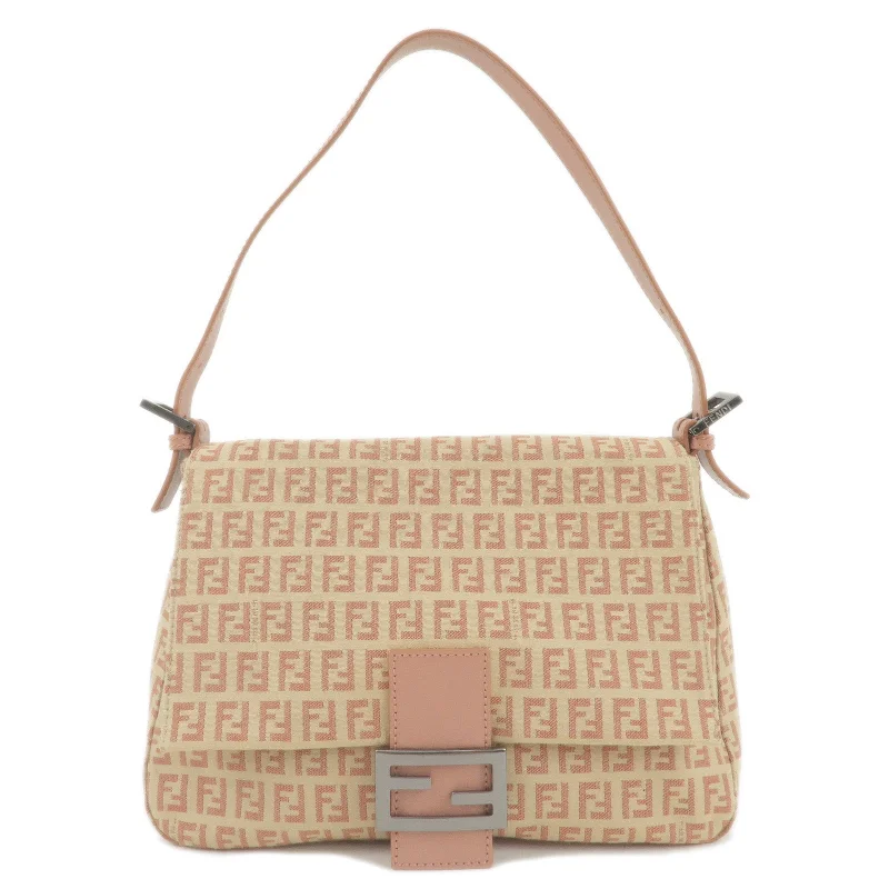 Fendi bags with a patent - leather finish for a shiny and sophisticated appearanceFENDI Zucchino Canvas Leather Shoulder Bag Beige Pink 8BR001