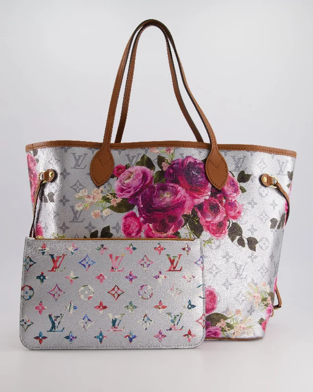 Louis Vuitton handbags with a beaded trim for a touch of glamour*LIMITED EDITION* Louis Vuitton Garden Capsule 2022 Neverfull MM Bag in Silver and Pink Floral Monogram Canvas with Brown Leather and Gold Hardware