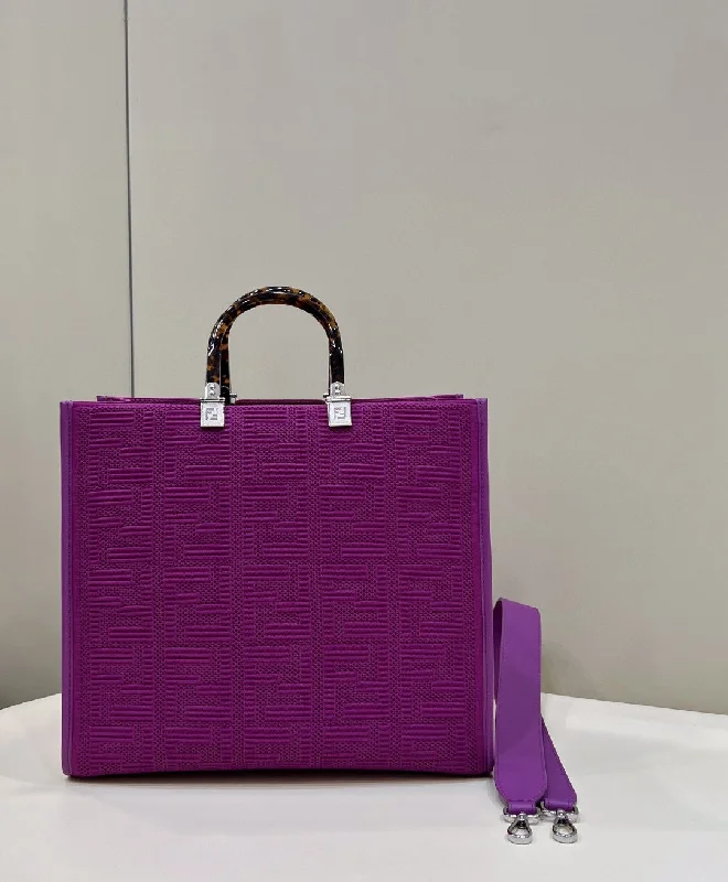 Fendi bags with a leather - bound notebook insert for jotting down notesFendi Sunshine Medium Purple FF fabric shopper Bag