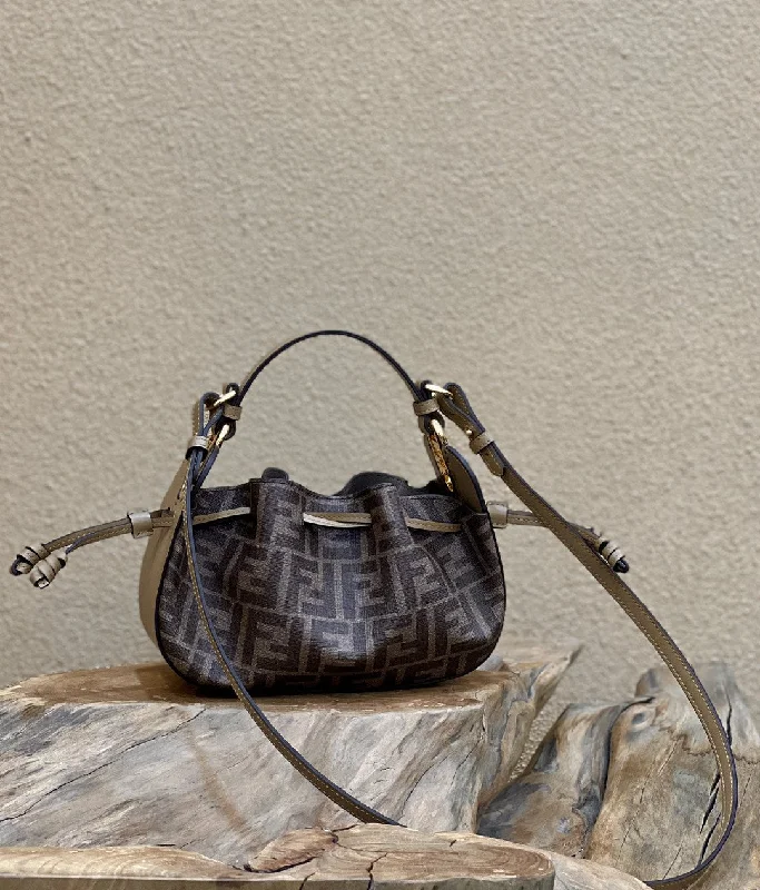 Fendi By The Way bags with a detachable pouch for separating small itemsFendi Pomodorino Brown FF Fabric Mini Bag