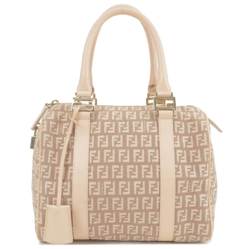 Ladies Fendi shoulder bags with a detachable scarf strap for a stylish and versatile optionFENDI Zucchino Canvas Leather Boston Bag Pink Beige 8BL068