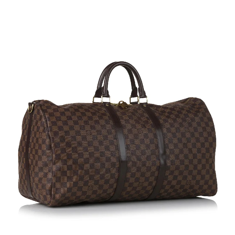 Louis Vuitton handbags with a beaded trim for a touch of glamourLouis Vuitton Damier Ebene Keepall Bandouliere 55 35465)