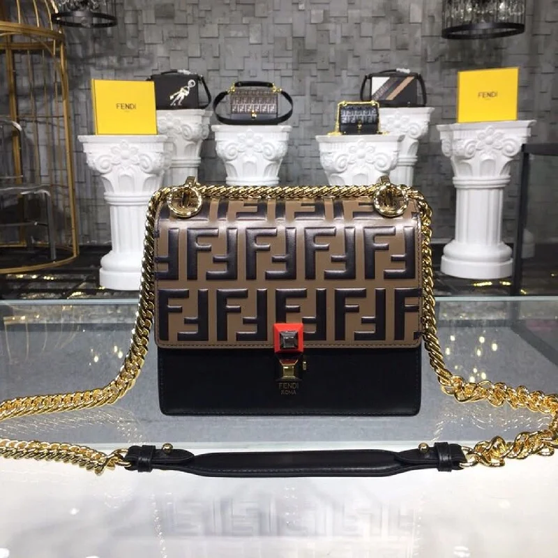 Fendi By The Way bags with a printed map pattern for a travel - inspired lookFendi FF Logo Kan I Bag 7.5in/19cm With Gold Toned Chain Brown/Black For Women