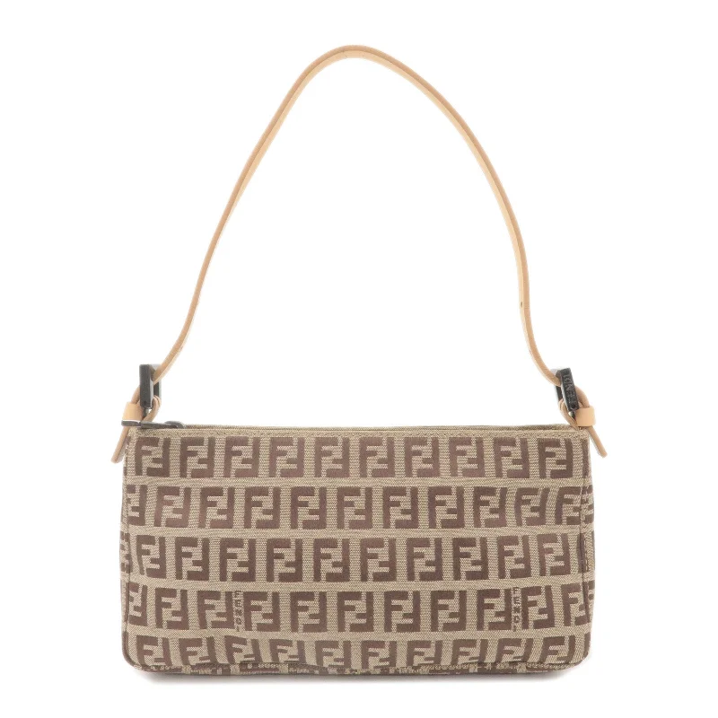 Fendi tote bags with a spacious interior and multiple pockets for daily essentialsFENDI Zucchino Canvas Leather Hand Bag Pouch Beige Brown 8BR041