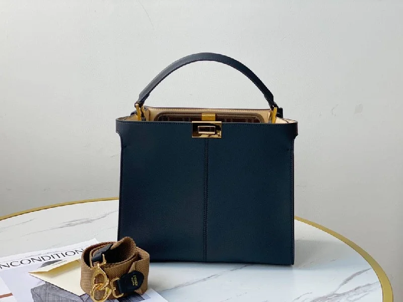 Fendi bags with a front - zip pocket for small items such as lip balm and earphonesFendi Peekaboo X-Lite Tote Medium Navy Blue Bag For Woman 30cm/12in