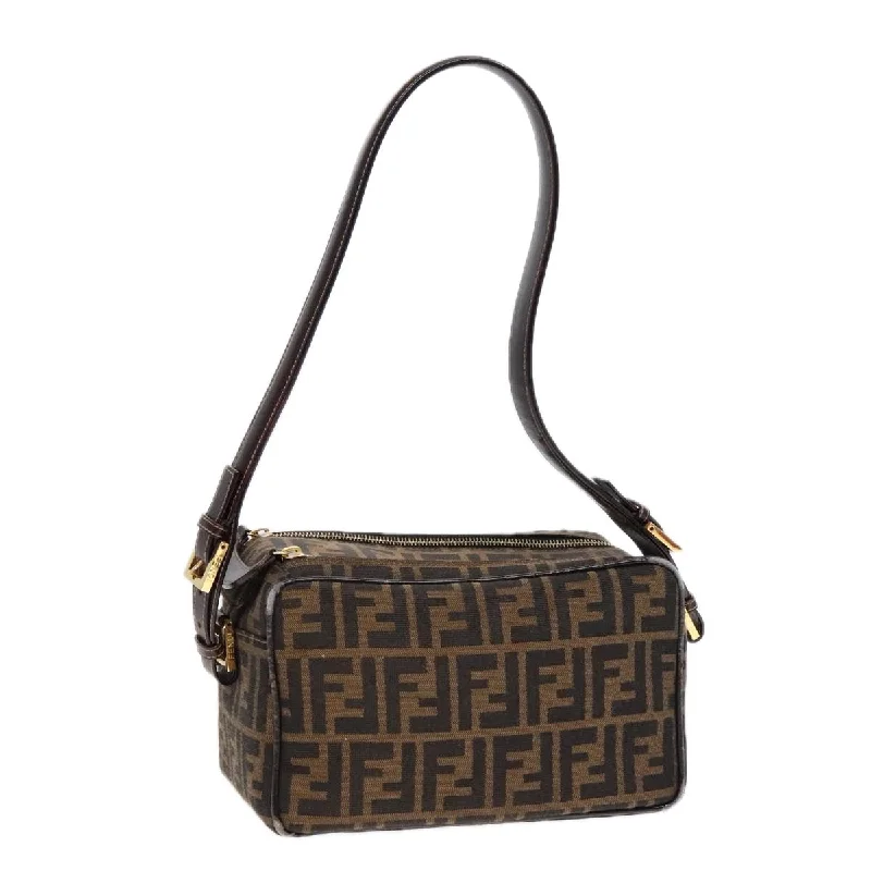 Fendi tote bags with a printed Fendi logo on the front for high brand visibilityFENDI Zucca Canvas Shoulder Bag Brown Black gold  91227