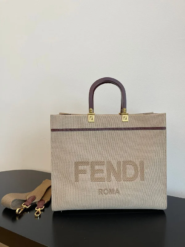 Fendi backpacks with a retractable handle for easy transportationFendi Sunshine Medium Tote Bag Beige Canvas