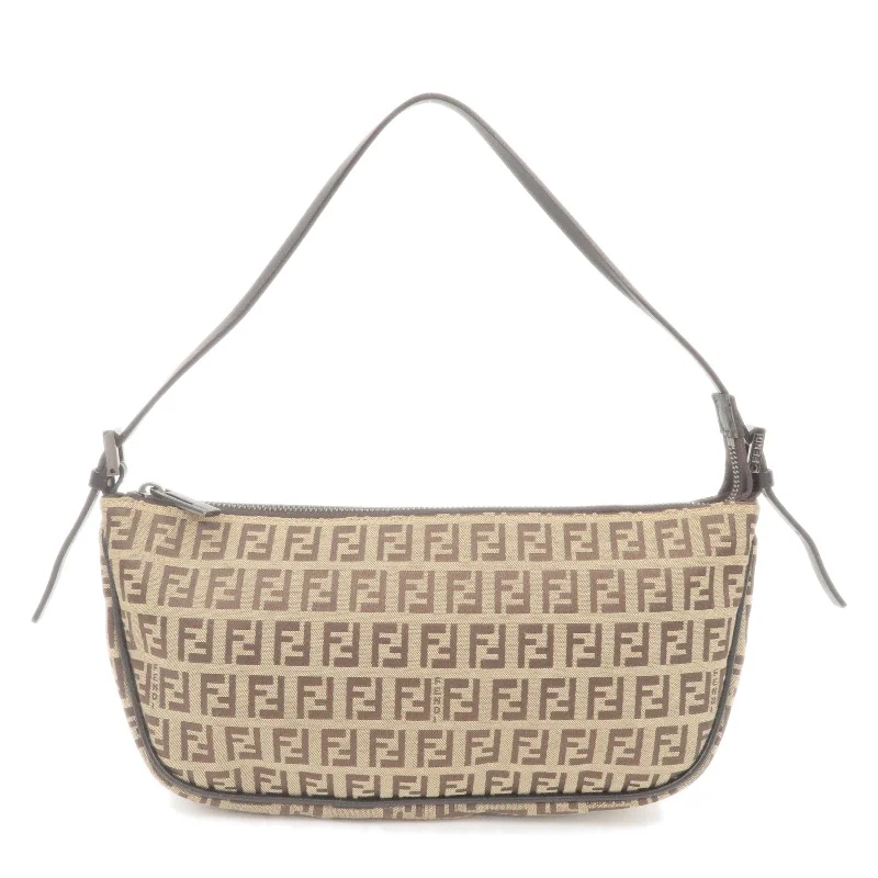 Fendi bags with a detachable mirror inside for quick touch - ups and groomingFENDI Zucchino Canvas Leather Shoulder Bag Beige Brown 8BR144