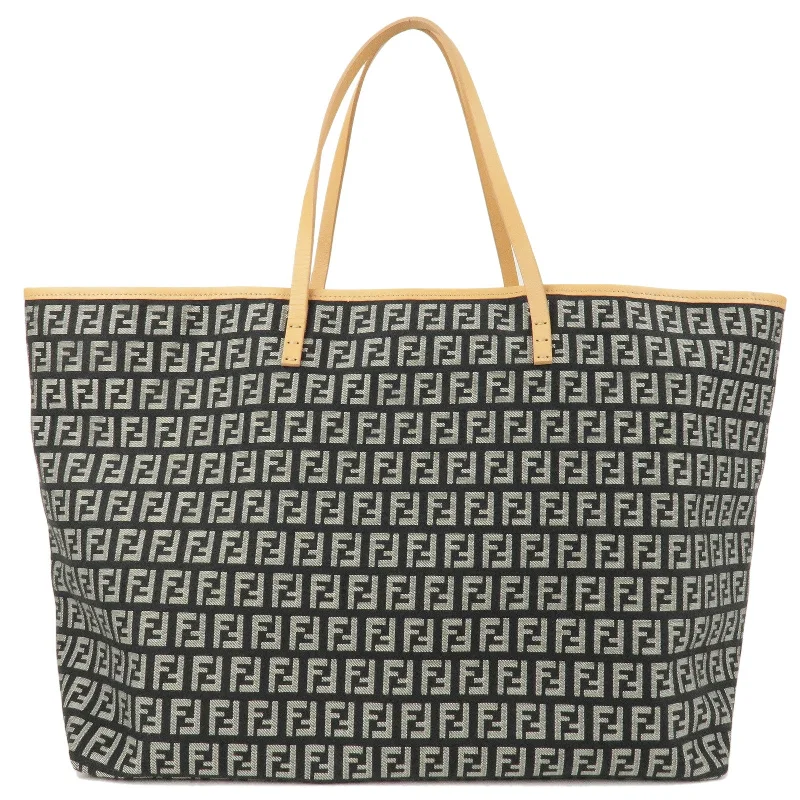 Fendi tote bags with a reinforced bottom for increased durabilityFENDI Zucchino Canvas Leather Tote Bag Black Beige 8BH005