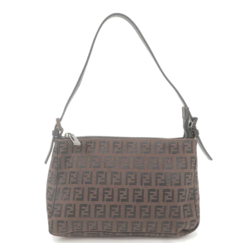 Fendi bags with a voice - activated pocket opener for a high - tech convenienceFENDI Zucchino Canvas Leather Hand Bag Brown Black 8BR155