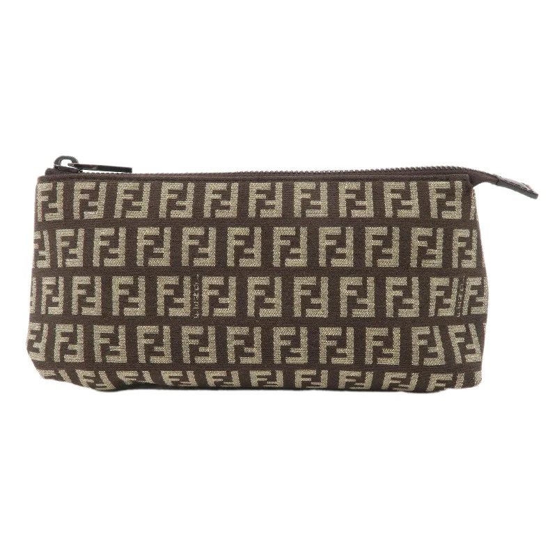 Fendi tote bags with a printed Fendi logo on the front for high brand visibilityFENDI Zucchino Canvas Leather Pouch Beige Brown 7N0038