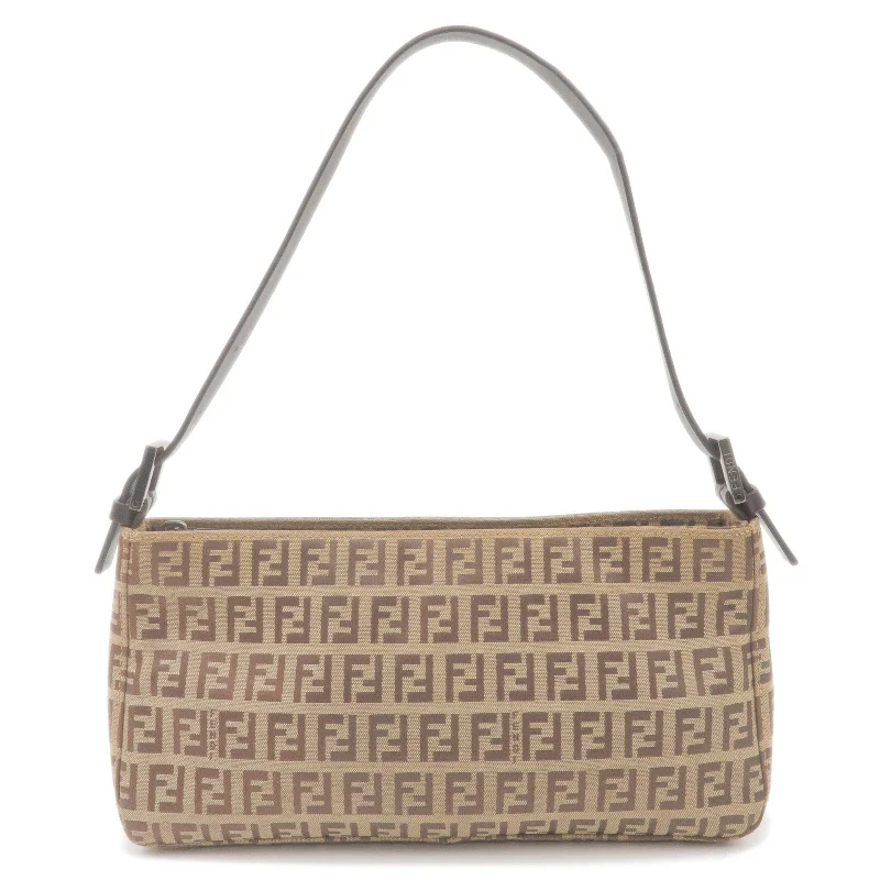 Fendi tote bags with a printed Fendi logo on the front for high brand visibilityFENDI Zucchino Canvas Leather Shoulder Bag Beige Brown 8BR042