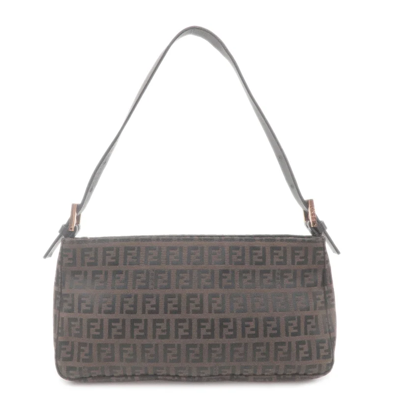 Ladies Fendi shoulder bags with a quilted leather exterior for a luxurious and cozy lookFENDI Zucchino Canvas Leather Shoulder Bag Brown 8BR042