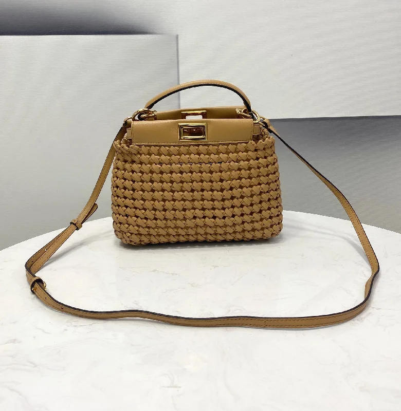 Fendi handbags with a beaded trim for a glamorous and eye - catching lookFendi Peekaboo Mini Light Brown Braided Bag For Woman 18cm/7in