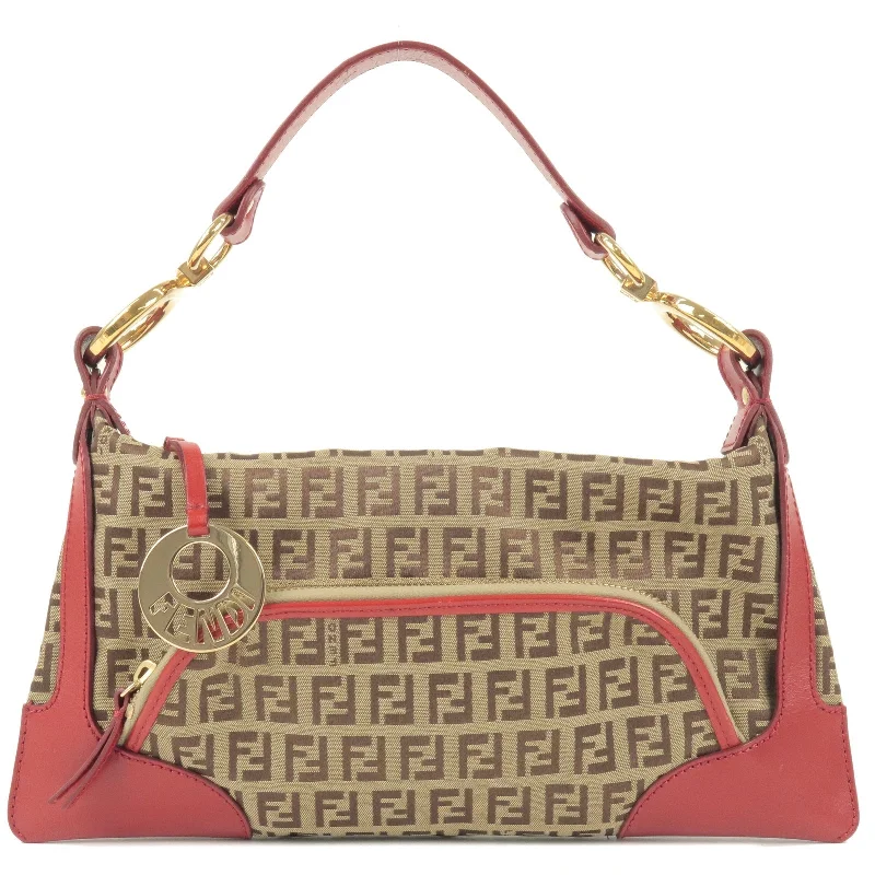 Fendi bags with a front - zip pocket for small items such as lip balm and earphonesFENDI Zucchino Canvas Leather Shoulder Bag Beige Brown 8BR464