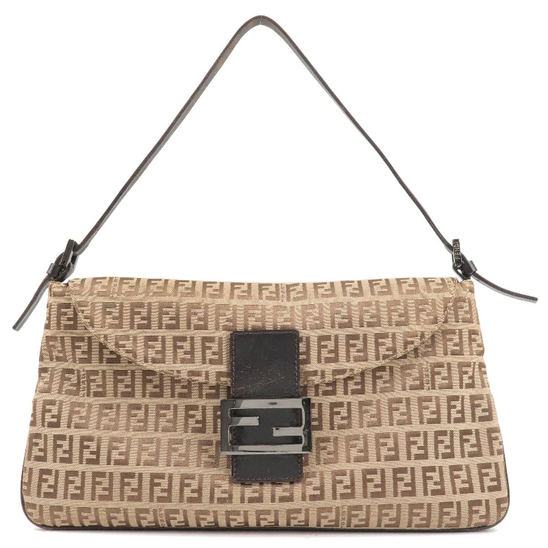 Fendi bags with a zippered interior pocket for separating items and keeping them organizedFENDI Zucchino Canvas Leather Shoulder Bag Beige Brown 8BR002