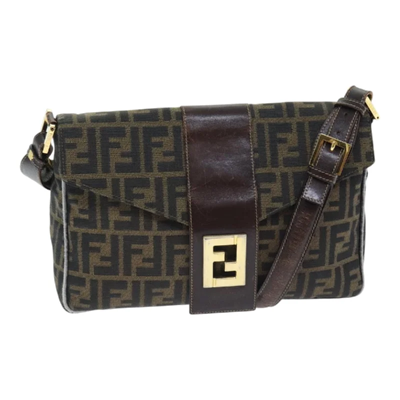 Ladies Fendi shoulder bags with a magnetic - closure flap for easy opening and closingFENDI Zucca Canvas Shoulder Bag Brown Black Gold  ep5919