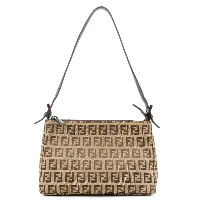 Fendi tote bags with a double - zip closure for enhanced securityFENDI Zucchino Canvas Leather Shoulder Bag Hand Bag Beige Brown